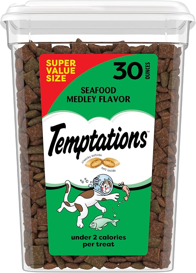 Temptations Cat Treats, Classic Crunchy and Soft Cat Treats, Seafood Medley Flavor, 30 oz. Tub
