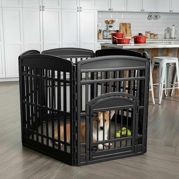 IRIS USA Dog Playpen 34" 6-Panel Dog Playpen with Door, 44 x 63 x 34, Puppy Fence, Puppy Playpen, Dog Play Pen Indoors, Pet Fence, Puppies/Small Dogs, Black
