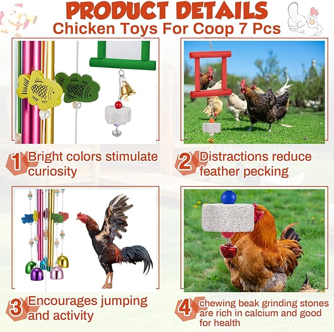 7 Pcs Chicken Toys, Hanging Chicken Wind Chime, 2 Pcs Coop Mirror Toys with Bells 4 Pack Beak Grinding Stones, Musical Coop Accessories for Hen Rooster Chick Poultry Bird(Rose Red, Green)