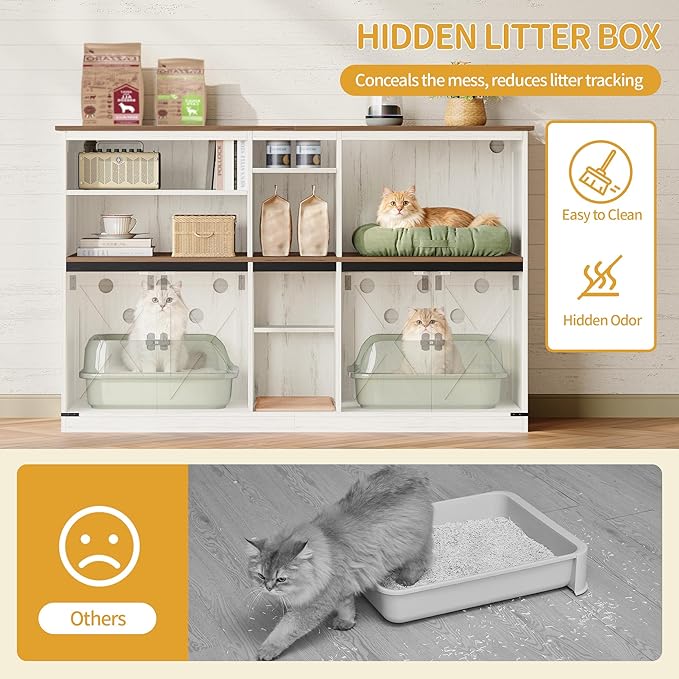 Double Cat Litter Box Enclosure for 2 Cats, Cat Cabinet with Large Storage Space, Hidden Litter Box with Scratch Pad, Farmhouse Cats House, TV Stand End Table, Rustic Brown and White CB97014X