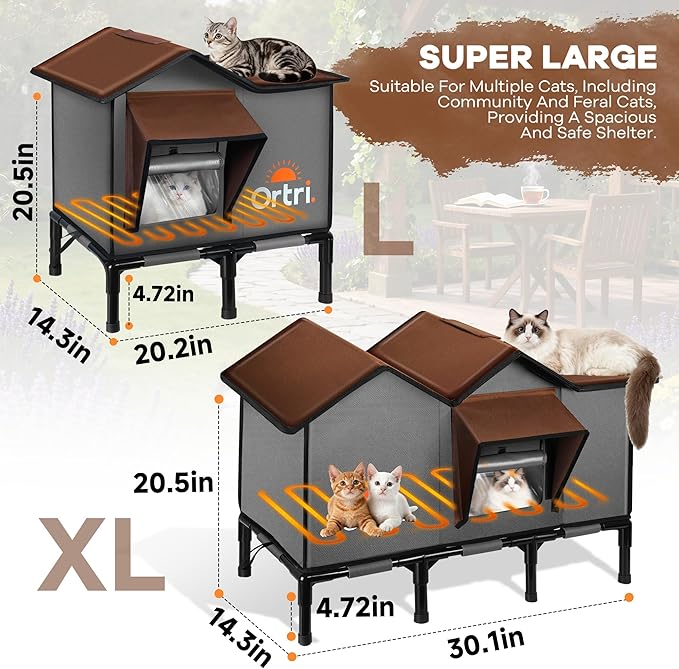 Outdoor Heated Cat House for Outside: Winter Insulated Weatherproof 20"×14.3"×20.5" Shelter with Heating Pad for Feral Kitty Foldable Out Door Elevated Warm Pet Bed with Extra Large Warming Cathouse