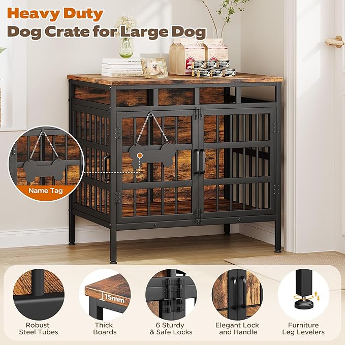 Dog Crate Furniture for Medium Dogs, Wooden Dog Kennel Furniture for Small Dogs, Double-Doors Sturdy Metal Dog Cage for Anxiety Dog, Anti Escape Wooden Cage with Name Tag End Table, TV Stand Brown