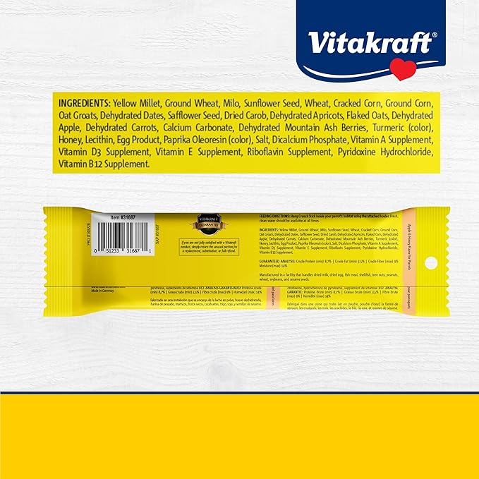 Vitakraft Crunch Sticks Parrot Treat Apple and Honey Flavor – 2 Sticks Per Pack Triple-Baked Crunchy Treat Sticks with Natural Wood Chew Center & Cage Clip Holder