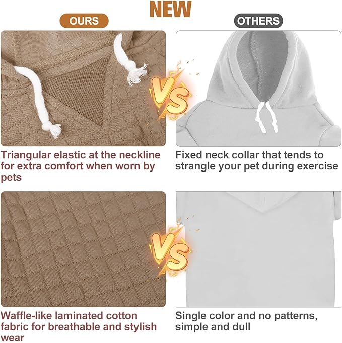BEAUTYZOO Small Dog Hoodie Sweater with Pockets, Dog Clothes for Small Medium Dogs Boy Girl, Waffle-Like Laminated Cotton Pet Coats with Hat and Leash Hole, Khaki SM