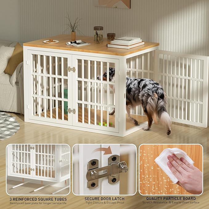 Heavy Duty Dog Crate Furniture for Large and Medium Dogs, Dog Kennel Indoor Furniture, Indestructible Metal Crate with Double-Doors, Dog Crate End Table, Chew-Resistant, 38 Inch White