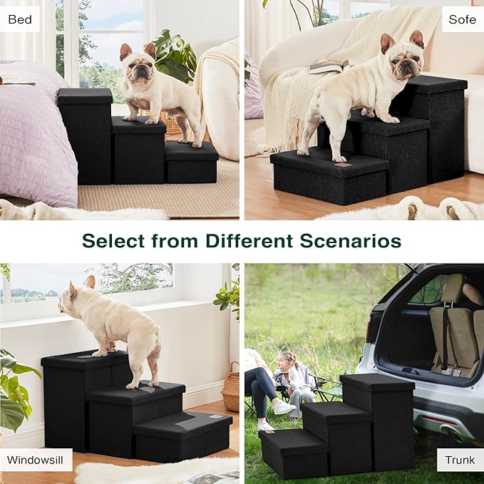 Love's cabin Dog Stairs with Storage, 3 Steps Wider Dog Steps for High Bed 18" H, Foldable Pet Stairs for Small Medium Large Dogs Cats for Bed Couch Car, Ramp with Zip up to 200 lbs, Black