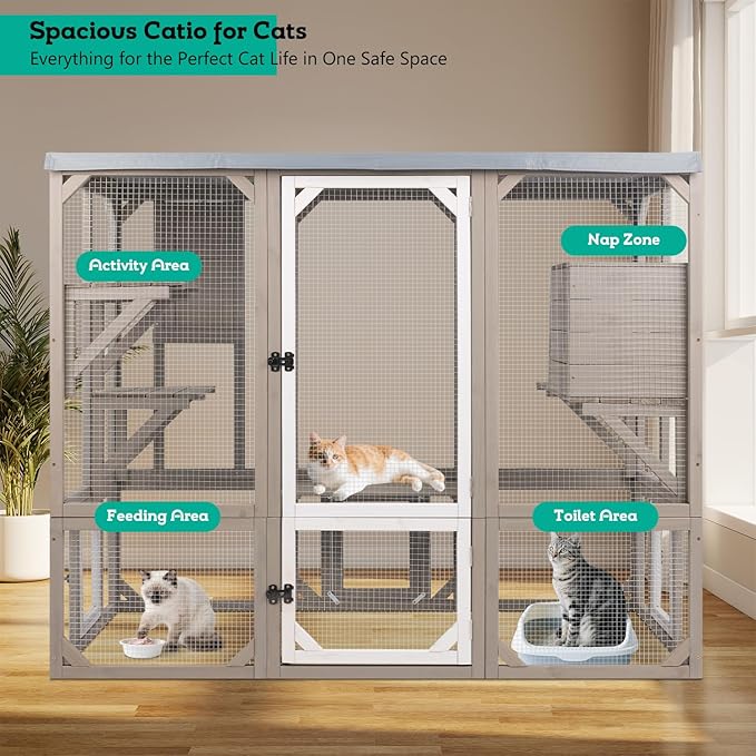 Large Catio Outdoor Cat Enclosure Window Access, Wooden Kitty Cage with Resting Room & 3 Platforms for Multiple Feral Cats, Cat House Attached to Window, Pet's Door for Patio Indoor