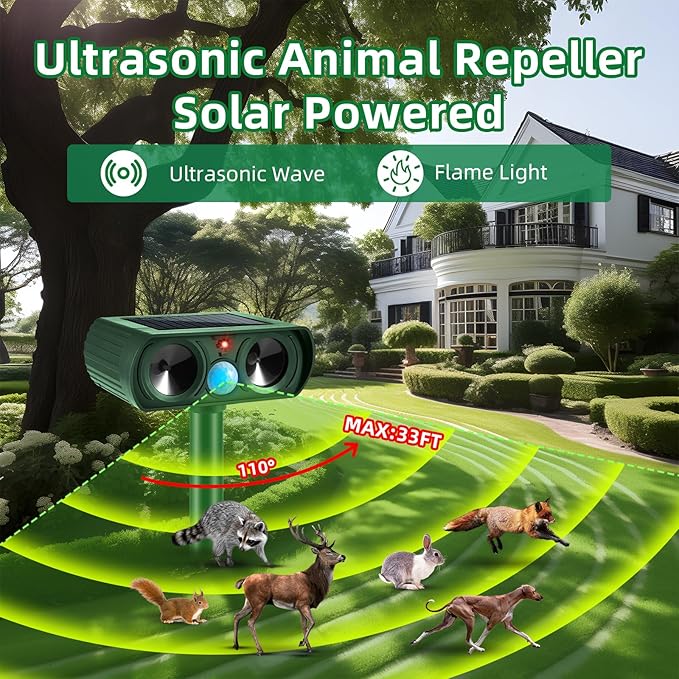 2026 Upgraded Solar Ultrasonic Animal Repellent Cat Deterrent Outdoor Deer Repellent Devices Motion Detection,Waterproof Squirrel Skunk Raccoon Dog Rabbit Deterrent for Garden Yard,2 Pack