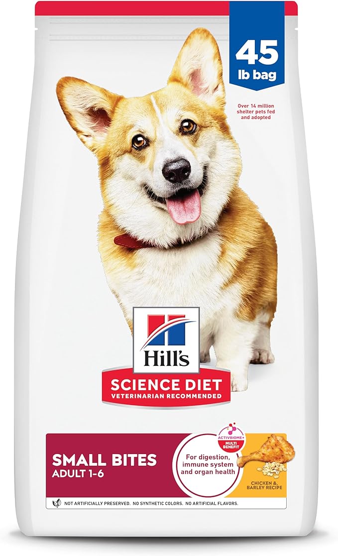 Hill's Science Diet Adult 1-6, Adult 1-6 Premium Nutrition, Small Kibble, Dry Dog Food, Chicken & Barley, 45 lb Bag
