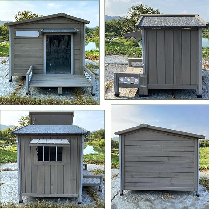 Dog House Outdoor Wooden Dog Kennel Outdoor Weatherproof Chew-Proof Iron Frame, Removable Floor and Adjustable Window for Large Dogs(Gray, 34.6" L x 25.6" W x28.2 H)