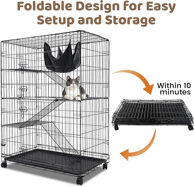 Homey Pet 51 Inch Cat Cages Indoor, Large 4-Tier Cat Crates for Indoor Cats, Collapsible Metal Wire Cat Enclosures Big Kennel for Adult Cats Kitten Kitty with Hammock, Ladders, 360° Wheels