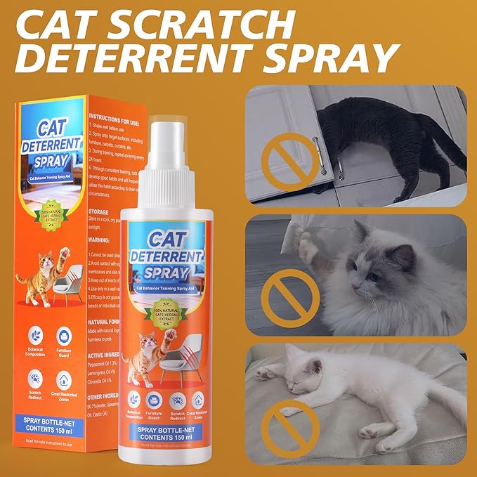 Natural Cat Deterrent Spray, Cat Repellent Spray for Indoor and Outdoor, Strengthened Cat Scratch Deterrent for Furniture, Anti Marking Deterrent for Sofas or Carpet (150 ml)