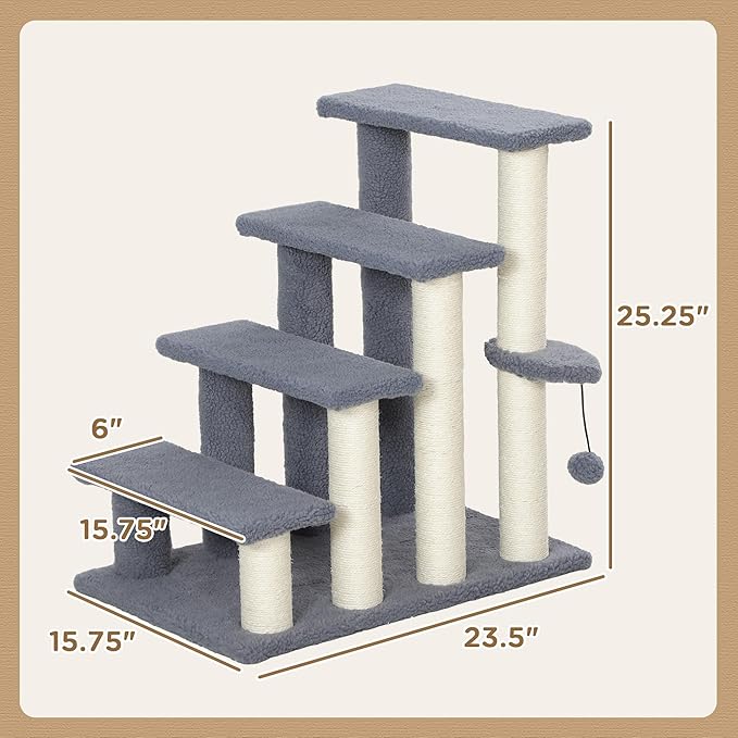 PawHut 4 Levels Cat Steps, Pet Stairs Carpeted Ladder, Kitten Tree Climber with Scratching Posts, Hanging Play Ball, Side Step, for High Bed, Sofa, Gray