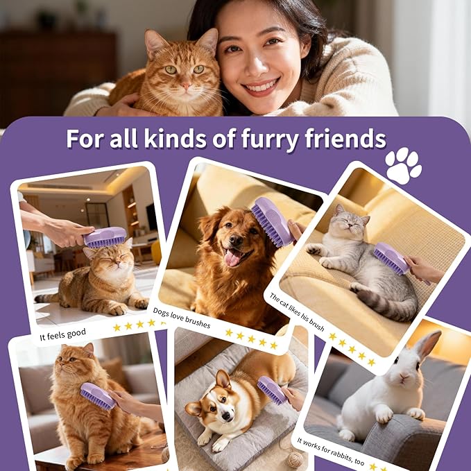 Cat Steam Brush for Shedding, 4 in 1 Rechargeable Steam Brush for Cats and Dogs, Anti-Static, Massage, Cleaning, Shedding & Combing All in One! (Purple)