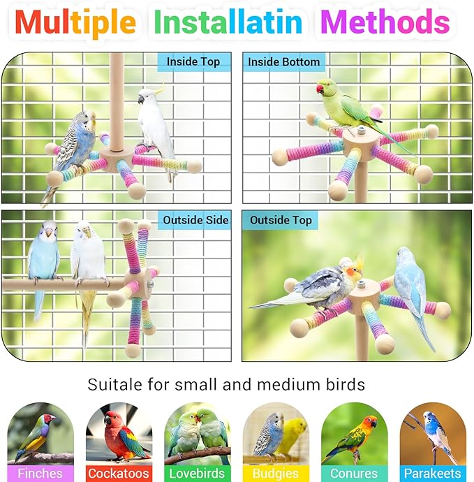 Bird Rotating Perch Toys,Parakeet Interactive Stand Perch Toy,Wooden Exercise Wheel Parrot Toys,Cockatiel Toys for Bird Cage Accessories for Small and Medium Parrots (6 Perch)