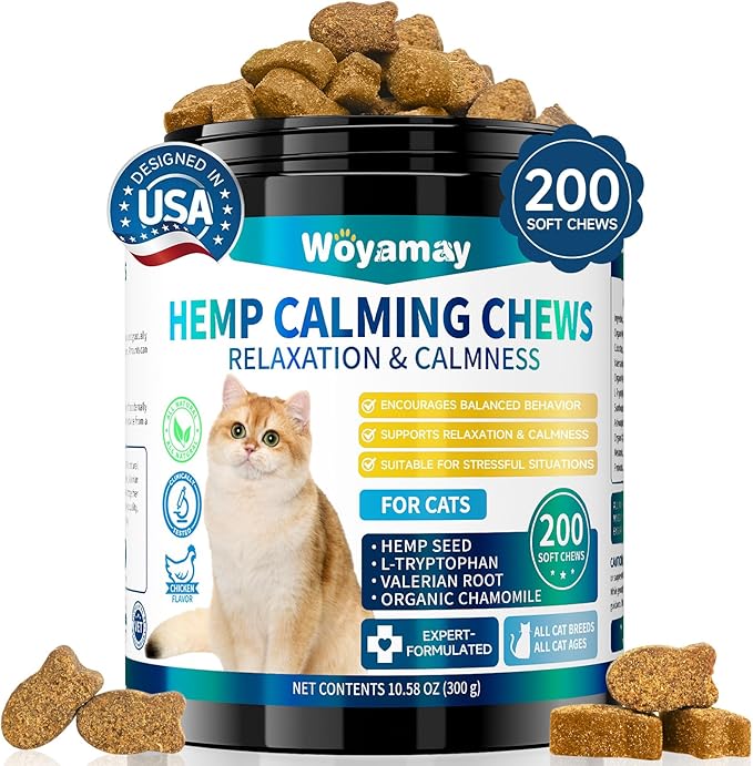 Hemp Cat Calming Treats, 200 Treats Calming Chews for Cats for Anxiety & Stress Relief, Calming Treats for Cats with Hemp Oil, Melatonin Cat Calming Chews for Stress | Sleep | Separation