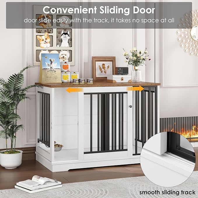 TTVIEW 47” Large Dog Crate Furniture, Heavy Duty Dog Kennel Indoor with Sliding Door and 2 Adjustable Bowls, Rustic Wooden Dog Cage Pet House for Large Dogs, End Table for Living Room, White