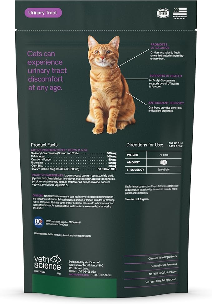VetriScience UT Health Chews, UT Strength Cranberry and D-Mannose Bladder & Urinary Tract Supplement for Cats, With Bromelain and Probiotics, Chicken, 60 Count