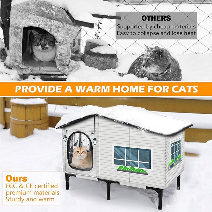 GASUR Weatherproof Heated Cat House for Outside Cats, Outdoor Cat House with Cats Heated Pad for Winter, Insulated Heating Cat Houses, Elevated Safe Feral Cat Houses Heat Cat Shelter (20"x17"x16")