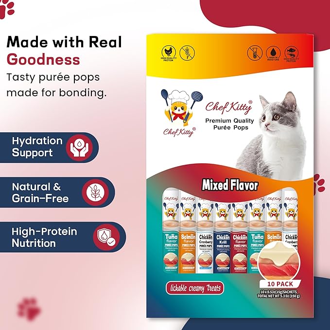 Cat Treats Lickable | Grain-Free Cat Food Toppers, High Protein | Creamy Puree Squeeze Ups with Vitamin E & Taurine, Digestible Formula | 0.5 oz. Each Tube, Chicken & Seafood Mix Variety | 10 Tubes