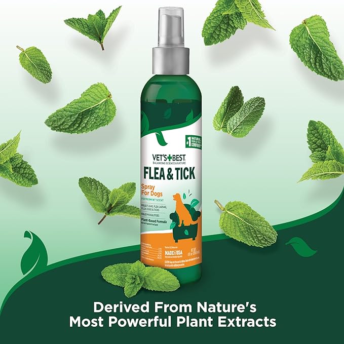 Vet's Best Natural Flea and Tick Spray for Dogs – Plant-Based Flea Repellent with Certified Essential Oils – Natural Pest Control and Prevention – Non-Toxic Formula for Home Use – 8 oz Bottle
