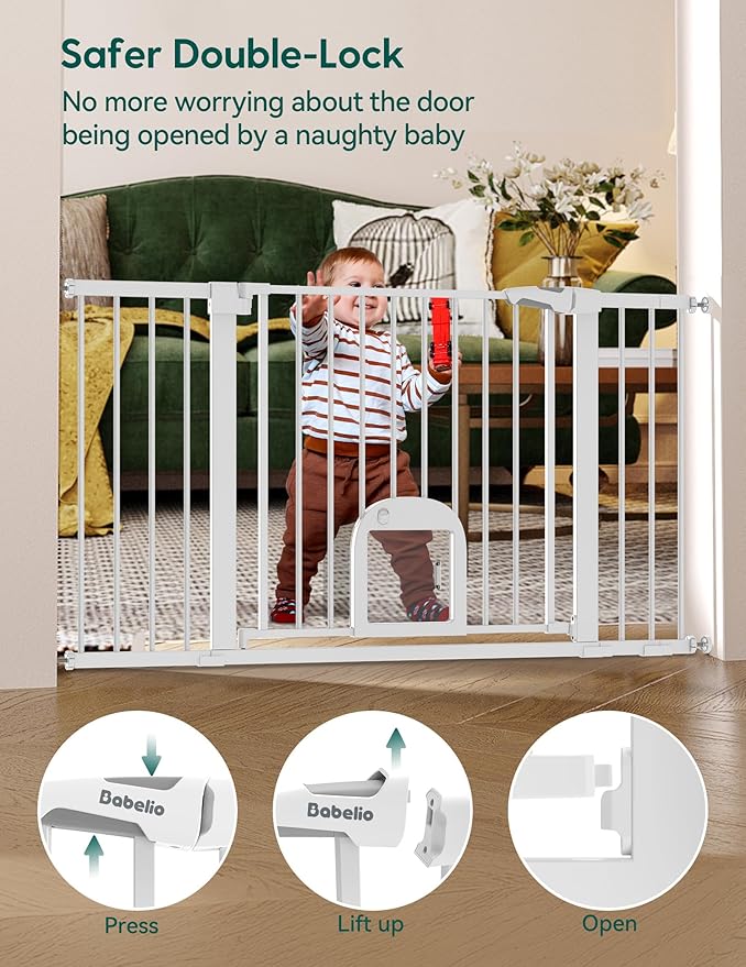 Babelio 36.5-57" Extra Wide Baby Gate with Cat Door, CatPrivilege Ⅲ, Auto Close & Two Way Swing, Pressure Mounted Dog Gates for Stairs, Doorways, Includes 4 Wall Cups and 3 Extension Pieces,White