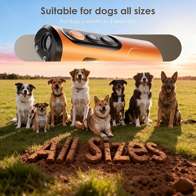 Dog Bark Deterrent Device & Anti Barking Device for Dogs, 50FT Ultrasonic Dog Trainer - Silent to Humans, Safe, Humane, Long-Lasting Rechargeable Orange Handheld with LED, Indoor/Outdoor