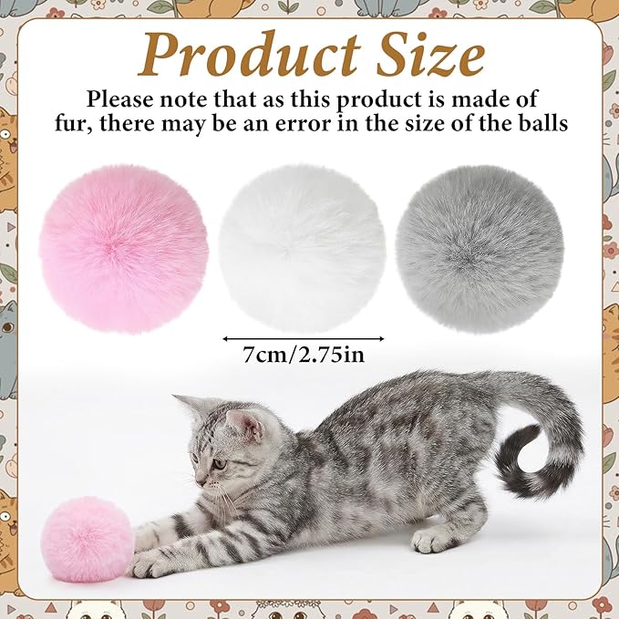 9 Pieces Furry Cat Toys Fuzzy Cat Balls Toys Pom Pom Kitty Ball Cute Rolling Cats Toy Artificial Plush Ball (Pink, Grey, White)