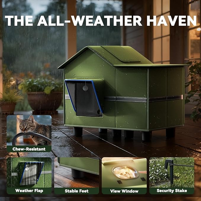 Heated Cat Shelter for Outside, Large Outdoor Cat House with Roof Window and Cozy Cushion, Weatherproof Foldable and Easy Assembly Design, Ideal for Stray and Feral Cats