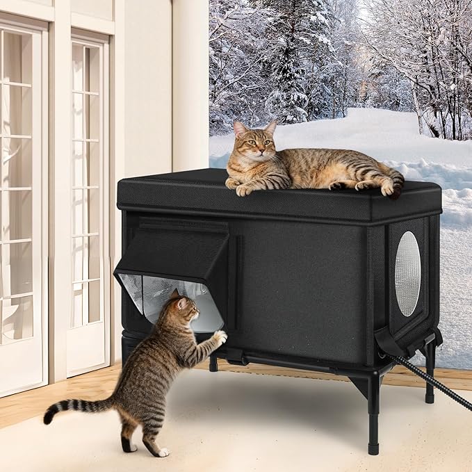 Heated Outdoor Cat House Weatherproof with Heating Pad, Heated Cats House for Outside, Insulated Feral Cat Houses for Outdoor Cats with Safe Escape Door, Elevated Outside Stray Cats Shelter(M)