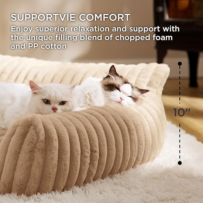 Bedsure ComfyFleece™ Cute Cat Couch for Pets - As Seen on TV on Good Day New York, Fuzzy Cats beds for Indoor Cats with Removable Washable Cover, Supportive Pet Sofa, 24inch, Sandy Beige