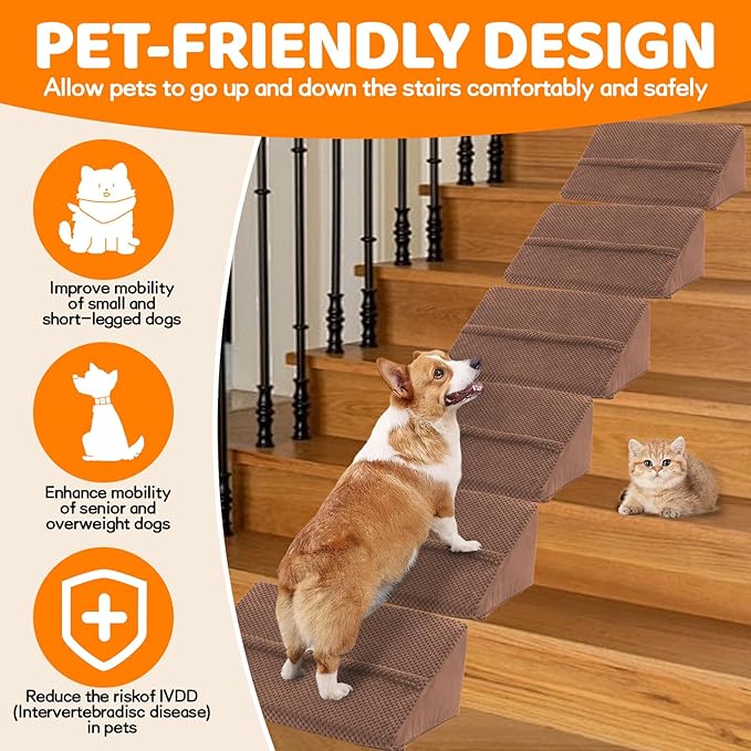Upgrade Non-Slip Dog Ramps/Stairs for Staircase, Foam Dog Ramps for Stairs Inside House, Foam Pet Ramps for Small Dogs, Stair Ramp for Injured Dogs Cats with Self-Sticky Pads to Fix, 6 Pack