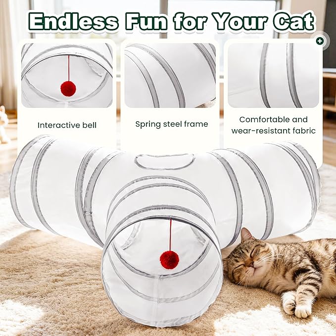Love’s Cabin Cat Tunnel for Indoor Cats, 3-Way Collapsible Play Tunnel with Teaser Wand, Peek Holes & Toy Ball, Small Pet Toy for Kittens & Rabbits, White & Light Grey, Small Size