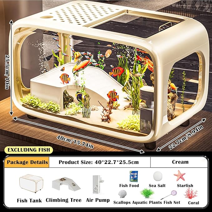 5 Gallon Fish Tank Kit with Air Pump, Climbing Frame, Fish Net, Food, Sea Salt, and Aquascaping for Betta, Small Fish, and Turtles - Ideal for Office and Home Decor