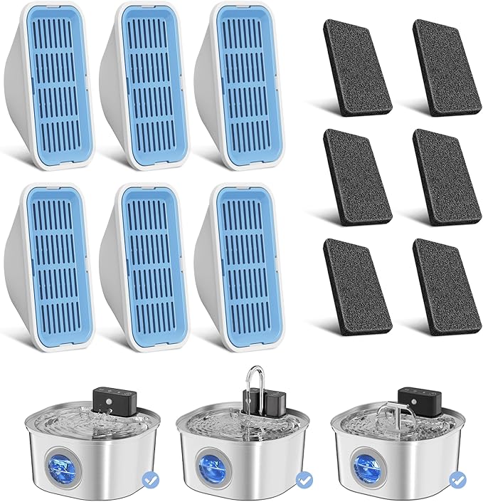 Voluas Replacement Cat Water Fountain Filters, 6 Filters and 6 Pre-Filter Sponges for 108oz/3.2L Stainless Steel Pet Water Fountain 309A/309B/309C