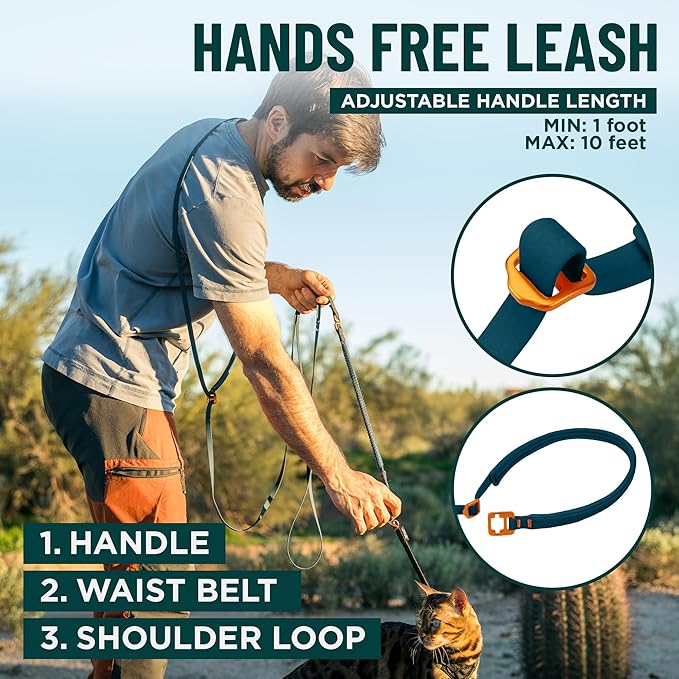 OutdoorBengal Kushma™ - Long Leash for Cats and Small Dogs with Bungee - Silicone + Nylon - No Tangle, Hands-Free for Waist and Body, Lightweight - Extra Long Cat Leash for Small Dogs (Desert)