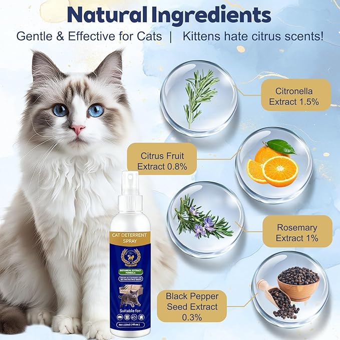Cat Deterrent Spray - Natural Citrus-Scented, Indoor & Outdoor Training Spray to Stop Scratching on Furniture, Carpets & Curtains (4.06 oz) (Blue1)
