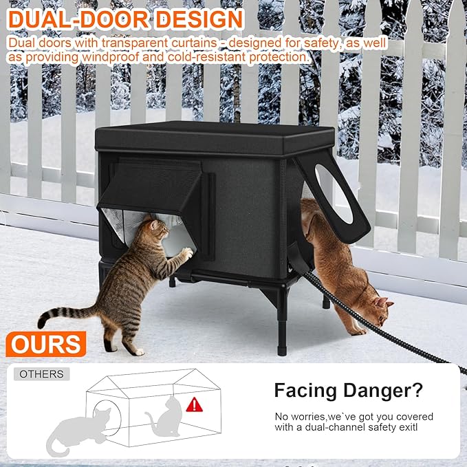 Heated Outdoor Cat House Weatherproof with Heating Pad, Heated Cats House for Outside, Insulated Feral Cat Houses for Outdoor Cats with Safe Escape Door, Elevated Outside Stray Cats Shelter(S)