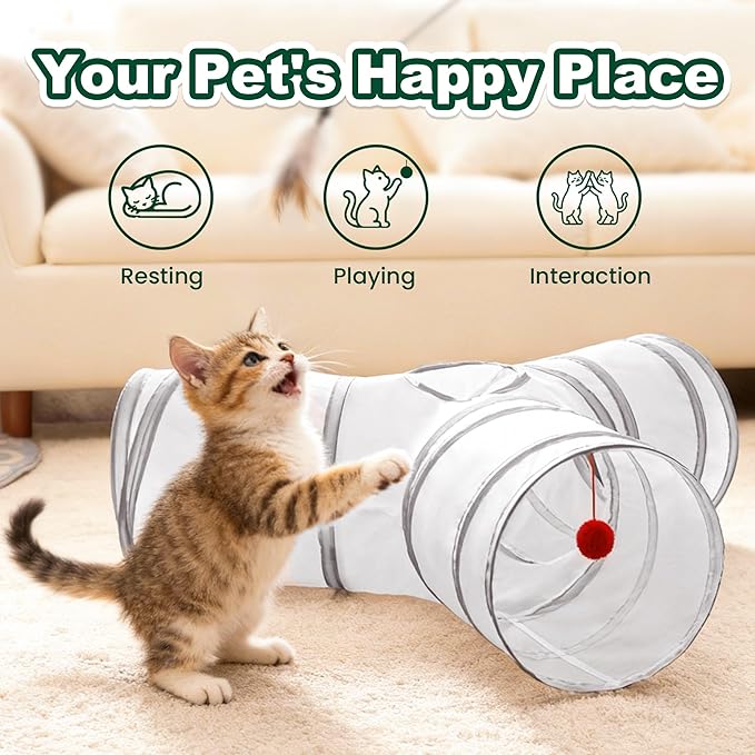 Love’s Cabin Cat Tunnel for Indoor Cats, 3-Way Collapsible Play Tunnel with Teaser Wand, Peek Holes & Toy Ball, Small Pet Toy for Kittens & Rabbits, White & Light Grey, Medium Size
