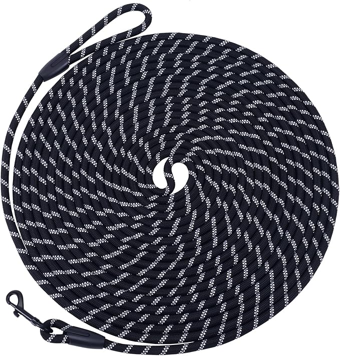 Long Dog Leash for Training 50Ft-Reflective Nylon Rope with Swivel Hook-Recall Agility Lead for Large Small Medium Dogs Outside Walking Hiking-Black