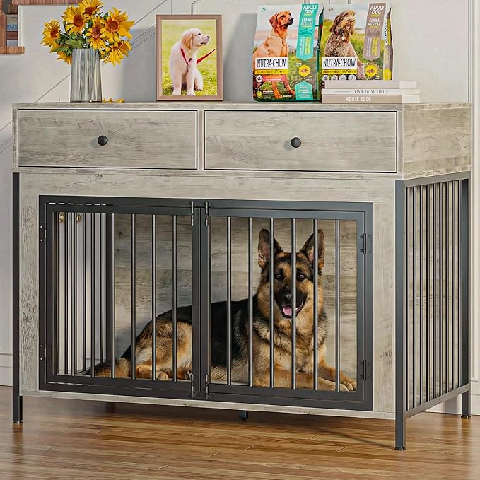 PUKAMI 44inch Large Dog Crate Furniture with Drawers, Wooden Dog Kennel Furniture for Indoor use, Grey End Table Dog House, for Small/Medium/Large Dog