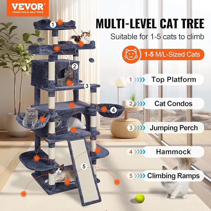VEVOR Cat Tree for Indoor Cats, 68.5" Cat Tower with 2 Cat Condos, Sisal Scratching Post, Hammocks, Top Perches, Jumping Platforms and Ramp, Cat Furniture Activity Center with Hang Balls, Dark Grey