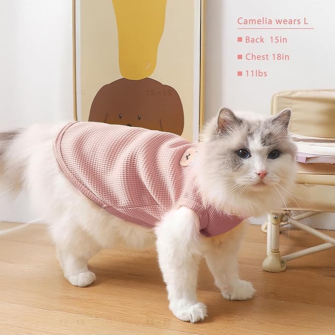 Waffle Knit Cat & Dog T Shirt for Small Dogs, Stretchable Puppy Shirt for Sphynx Cats & Small Breeds, Pet Clothes | Breathable Summer/Winter Apparel for Newborn(Pink Medium)