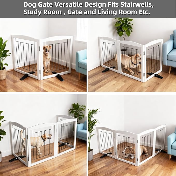 ZJSF Freestanding Dog Fence Indoor, Foldable Dog Gate for Doorways, Stairs or Hallways, Sturdy Wood Extra Wide Pet Gate with Support Feet for The House, White, 24 "Height-2 Panels
