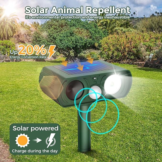 Upgraded Solar Ultrasonic Animal Repellent Outdoor, Deer Repellent Devices Squirrel Cat Raccoon Rabbit Dog Deterrent, Keep Skunk Away Motion Detection with Flash Light for Yard Garden Lawn 1PACKGreen