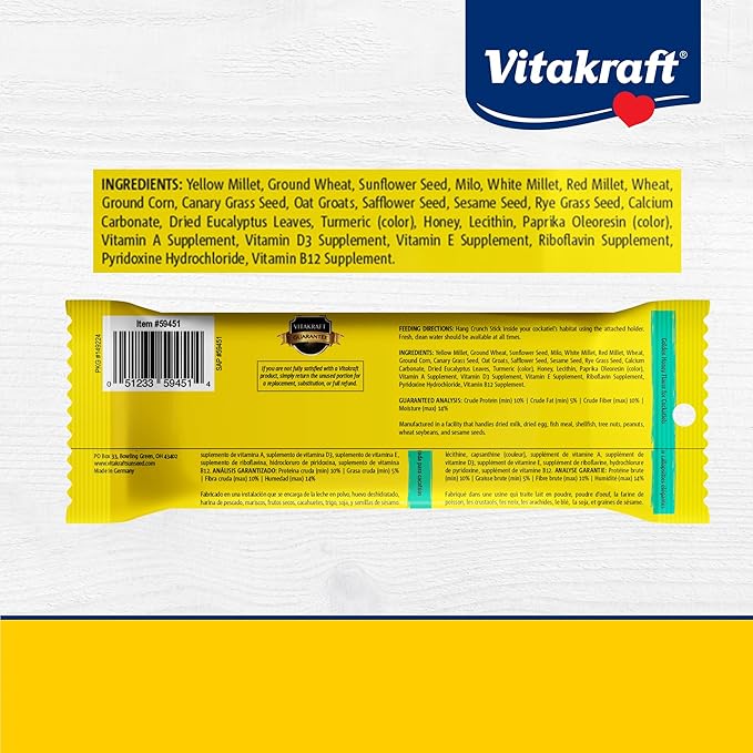 Vitakraft Crunch Sticks Cockatiel Treats Golden Honey Flavor – Triple-Baked Snack with Vitamins A D3 E Riboflavin and B12 – Natural Wood Chew Center and Cage Clip Holder – Engaging 2 Stick Pack