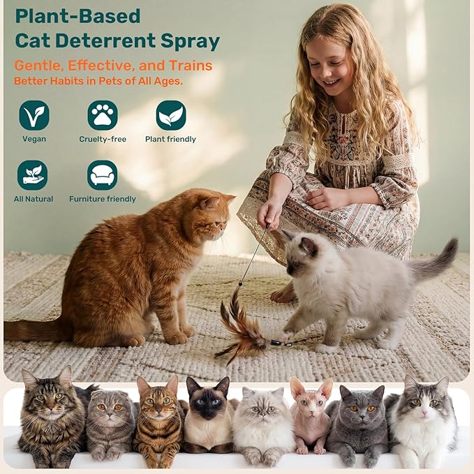 Natural Cat Deterrent Spray Indoor, Cat Repellent Spray for Furniture, Safely Cat Pee Stopper, Anti Furniture Scratching, Stops Urine Marking, Kitten Training Spray for Sofa, Rugs, Chairs, 200ml