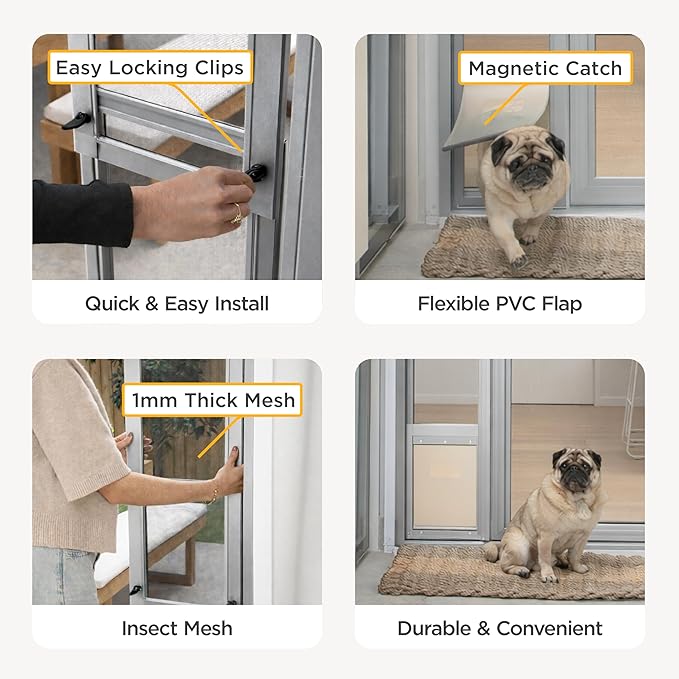 Hakuna Pets V2 Patio Pet Door Screen Insert Panel for Sliding Doors, Fits Door Track Min Ht 62.99" to Max Ht 84.25",UV Resistant Mesh, Locking Magnetic Dog Door, Easy Install and Removal,Large,Silver