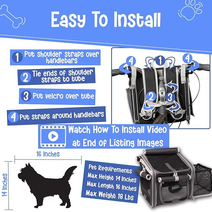 Dog Bike Basket, Mesh Windows, 2 Safety Leashes, Soft Sided, Safe Comfortable Pet Carrier for Small Dogs, Cats (Black)