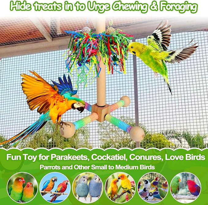 Mity rain Bird Toys - 2 in 1 Interactive Rotating Perch Toy with Foraging Toys, Flexible Stand for Parrots Lovebird Cockatiel Conure, Bird Playground for Small to Medium Birds, Bird Cage Accessories